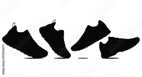 Dynamic arrangement of four athletic shoe silhouettes in motion