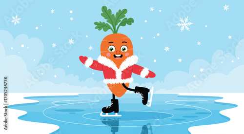 Cheerful Carrot Character Ice Skating on Frozen Lake, Fun Winter Illustration, Snowy Landscape, Whimsical Seasonal Vector Art, Holiday Cartoon Scene in Cold Weather Setting