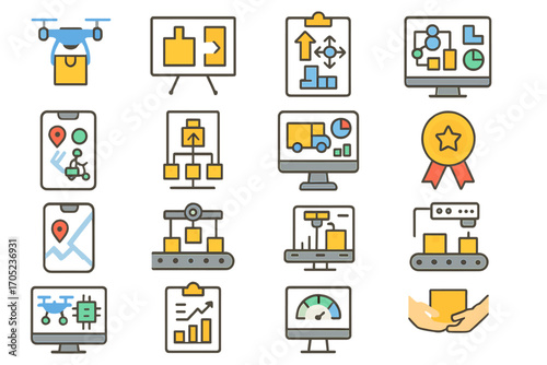 Business and logistics icon set. office and shipment flat icons collection