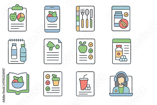 Nutrition and diet line icon set. healthy eating, meal planning flat icons