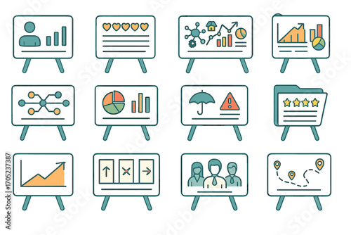 Business and analytics flat icon set. charts, data, presentation icons collection