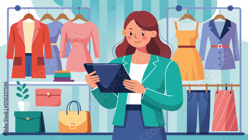 Woman shopping with tablet in clothing store showcasing various outfits and accessories