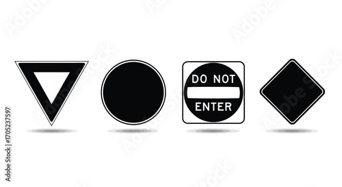Collection of four grungy black silhouettes of warning and stop signs