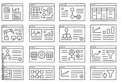 Data analysis flat icon set for charts, graphs, and diagrams in a streamlined style