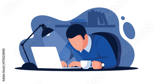 Focused Man Working Late on Laptop at Desk.