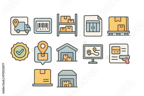 Logistics, delivery flat icon set. shipping, warehouse, inventory management icons