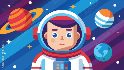 Kid in astronaut suit explores space with colorful planets in the background