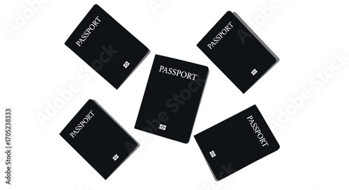 Five black passports arranged in a diamond pattern silhouette