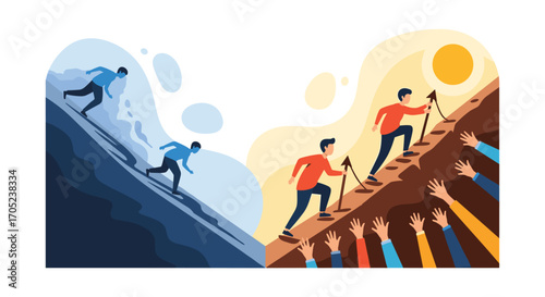 People climbing mountain success and failure contrast.
