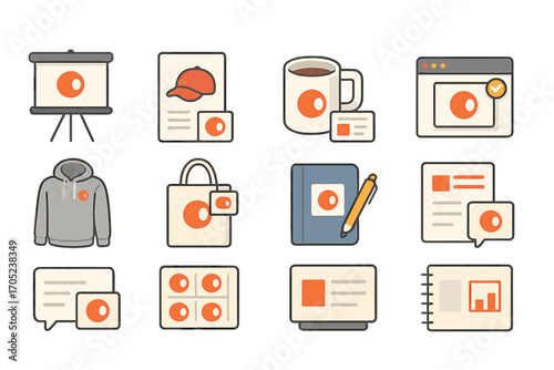 Promotional, branding flat icon set. merchandise, marketing essentials icons collection