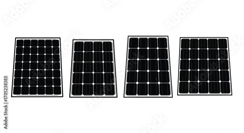 Four solar panels lined up in a clean silhouette against a white background
