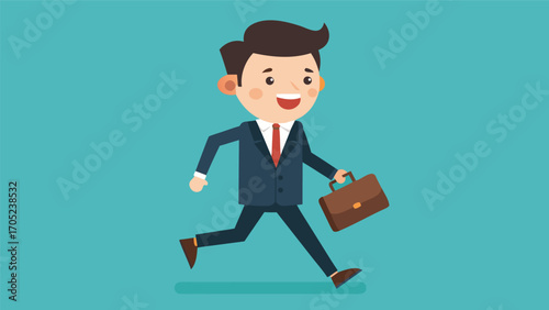 Young businessman joyfully running with briefcase in vibrant blue background