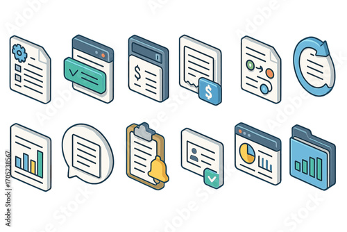 Business and finance 3d icon set. professional tools for offices and reports