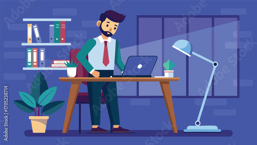 Man working diligently at a desk with a laptop in a cozy office setting during the day
