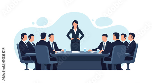 Businesswoman leading a meeting with her team around a conference table.