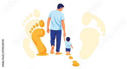 Father and child walking together leaving footprints.