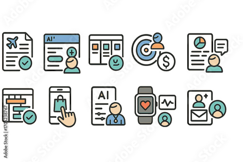 Business, technology outline icon set. finance, communication, ai, analytics icons