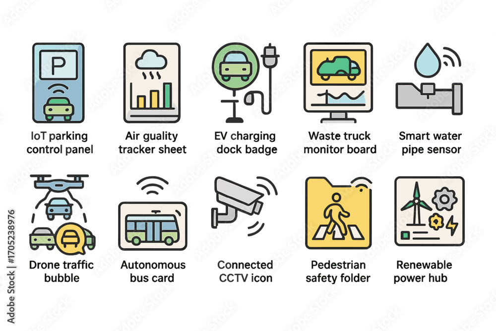 Fototapeta premium Smart city technology flat icon set. iot, ev, renewable energy, cctv icons collection