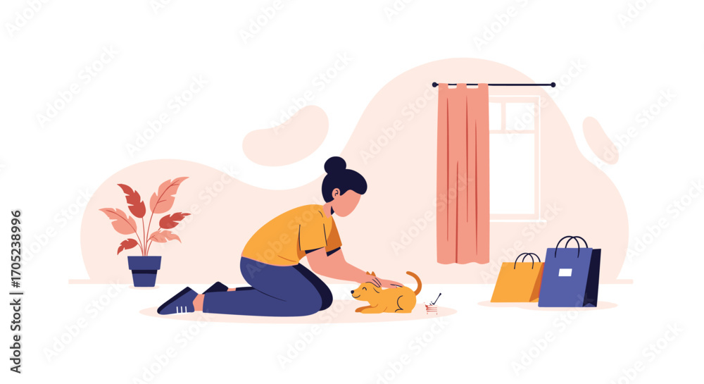 Fototapeta premium Woman playing with cat at home with shopping bags and plant.
