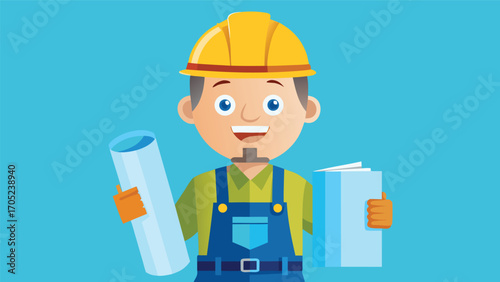 Construction worker holds blueprints and plans while smiling against a bright blue background in a cheerful setting