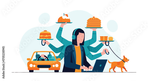 Multitasking Woman Juggling Work Food and Pet Care.