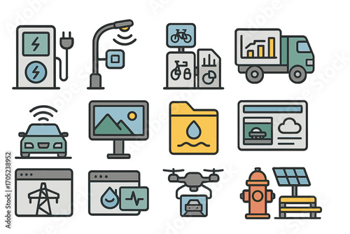 Technology and urban life linear icon set. smart city, innovation, eco-friendly design