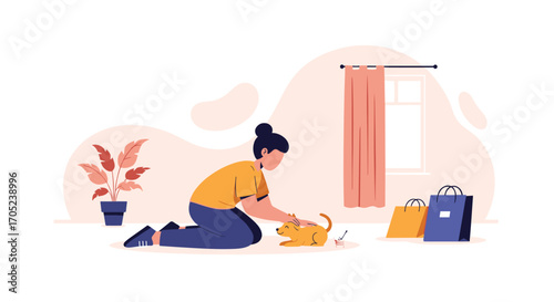 Woman playing with cat at home with shopping bags and plant.
