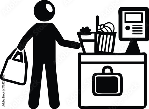 Person at checkout counter with shopping bag vector
