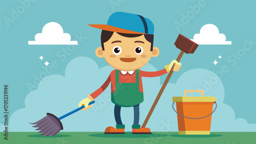 Child enjoys outdoor cleaning with broom and dustpan in sunny park setting