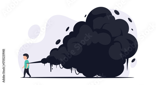Person pulling large cloud of black smoke pollution.