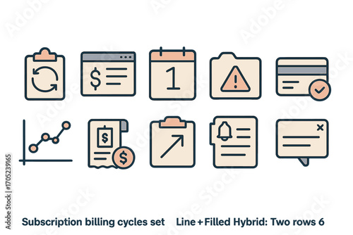 Subscription billing cycles icon set. line + filled hybrid icons for finance management.