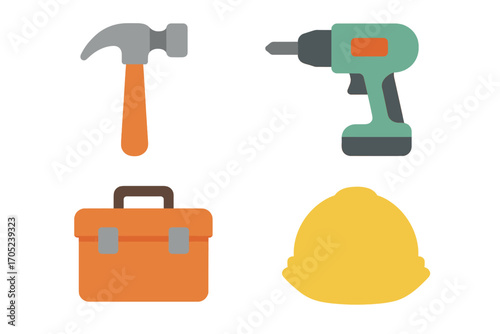 Construction tools flat icon set. hammer, drill, toolbox, helmet icons collection