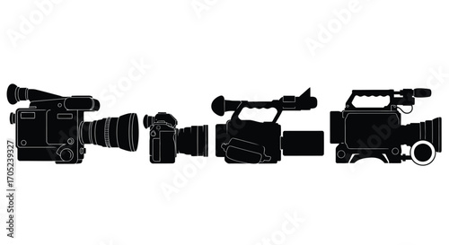 Collection of professional video camera silhouettes on white background