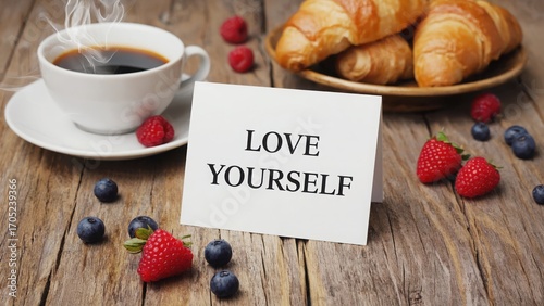 love yourself card on wooden background with coffee, croissants, and berries