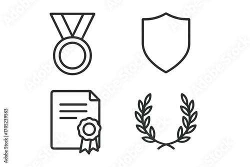 Awards and achievements outline icon set. medal, shield, certificate symbols outlined