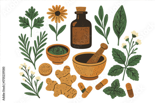 Herbal medicine filled icon set. natural remedies, plants, healing symbols collection