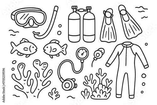 Underwater diving outline icon set. snorkeling, scuba gear and marine life icons