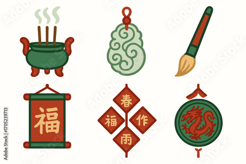 Chinese culture icon set: traditional, outline icons for festivals and celebrations