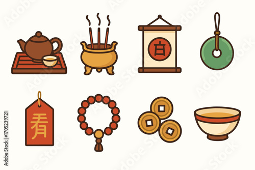 Chinese culture flat icon set. tradition, symbols, and heritage icons collection.