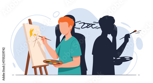 Artist painting on canvas with shadow self doubt.