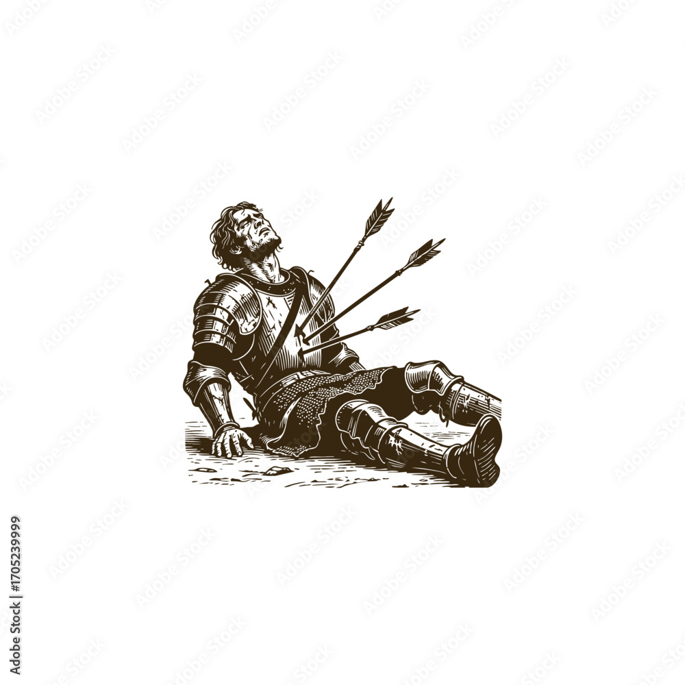 Fototapeta premium engraving style illustration of a fallen medieval knight in armor, pierced by arrows, lying on the ground vector template