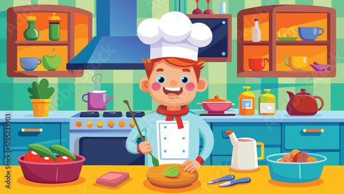 Young chef preparing a fresh dish in a colorful kitchen filled with ingredients and cooking tools