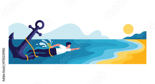 Man Swims With Anchor Towards Beach Under Sunny Sky.