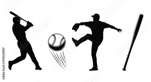 Dynamic baseball action silhouette featuring batter pitcher and ball