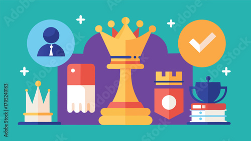 Chess pieces and awards on a colorful background showcasing the theme of competition and strategy in games