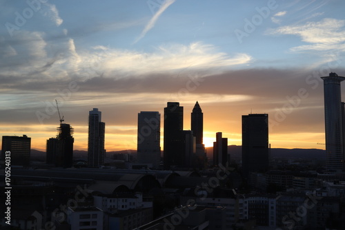 Skyline of downtown Frankfurt, Germany at sunset.
Beautiful sunset against the skyline of Frankfurt financial district. High rises and skyscrapers.