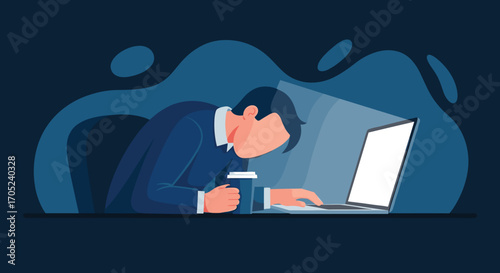 Man working late on laptop computer in dark office with coffee cup.