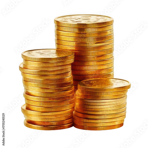 stack of golden money coins isolated on white or transparent