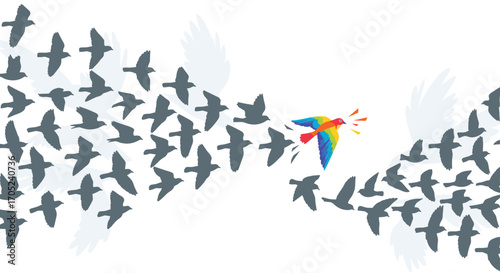 Colorful bird leads flock of gray birds in a unique direction.