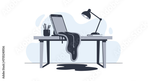 Melting Laptop on Desk with Lamp and Pencils.